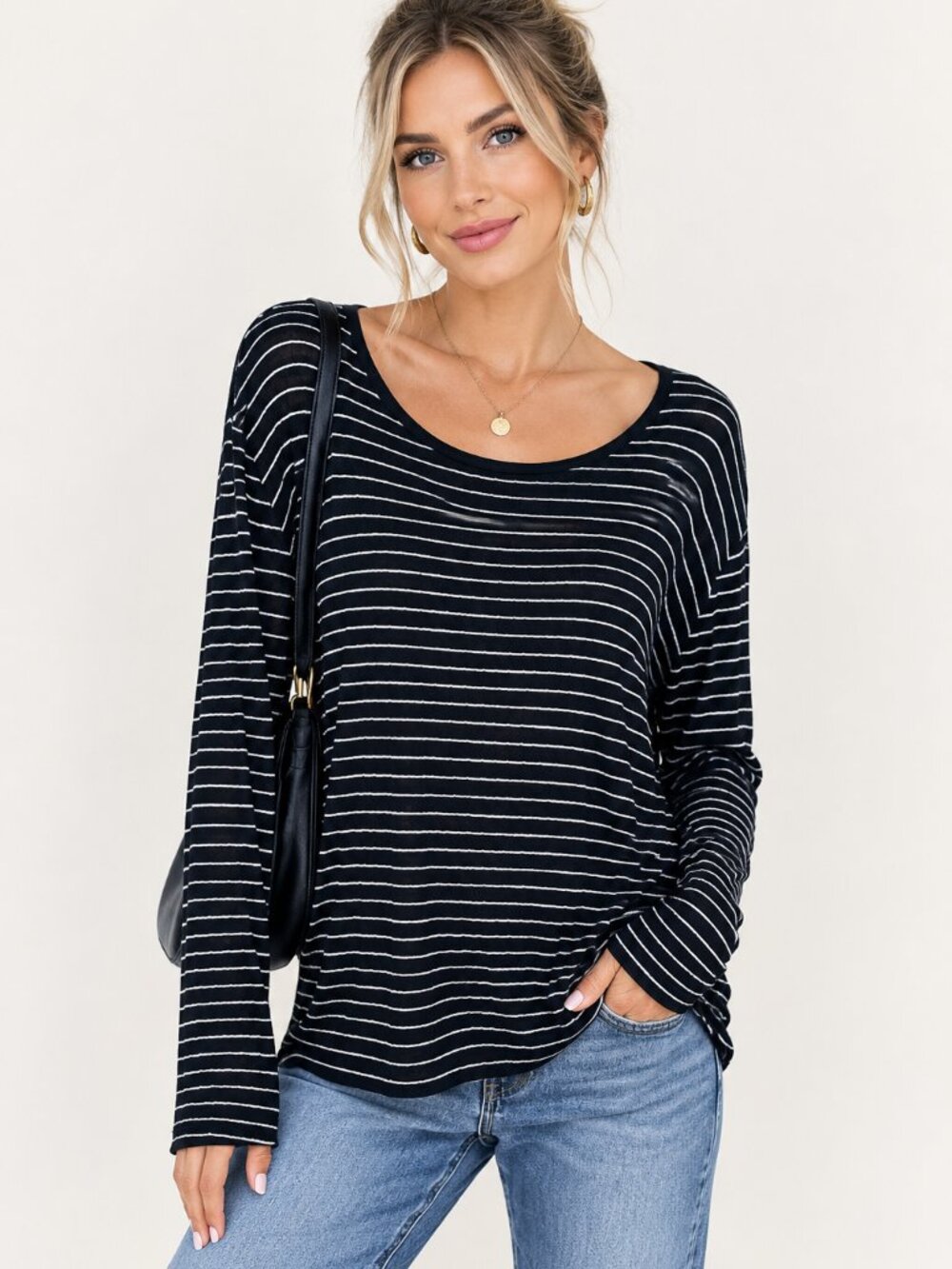 GIORGIO ARMANI Striped Black White Stretch Long Sleeve Top Tunic -Italy